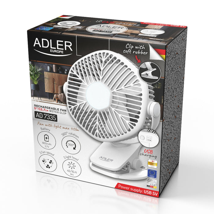 5"/12.7 cm Rechargeable Fan with Clip - USB / LED, AD 7335, Adler