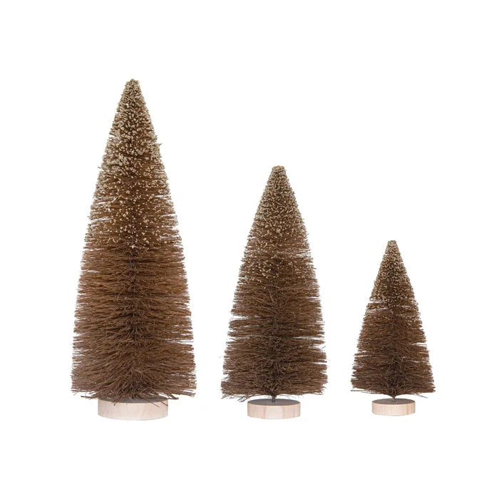 9"H Sisal Bottle Brush Tree w/ Glitter & Wood Base