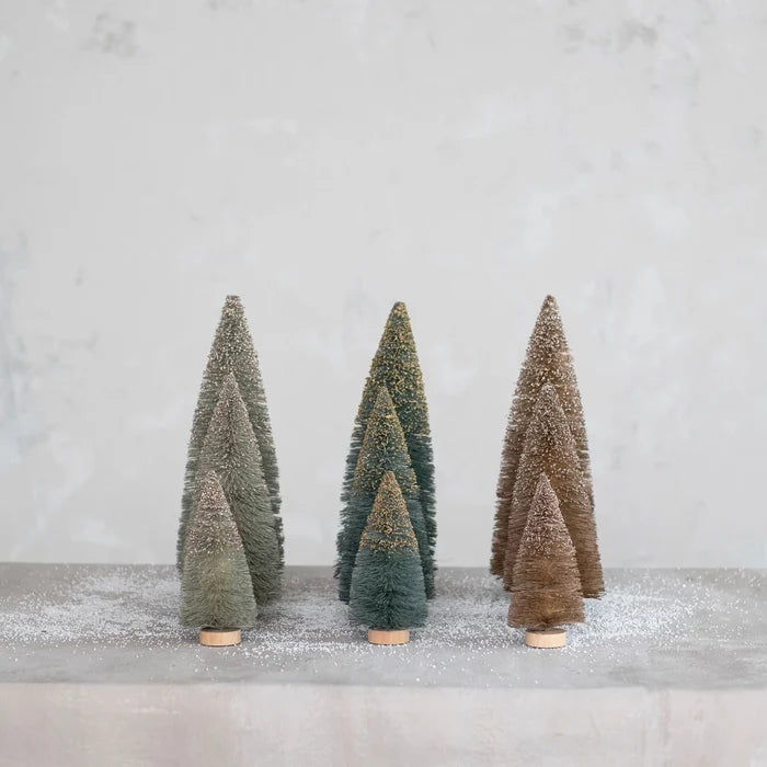 9"H Sisal Bottle Brush Tree w/ Glitter & Wood Base
