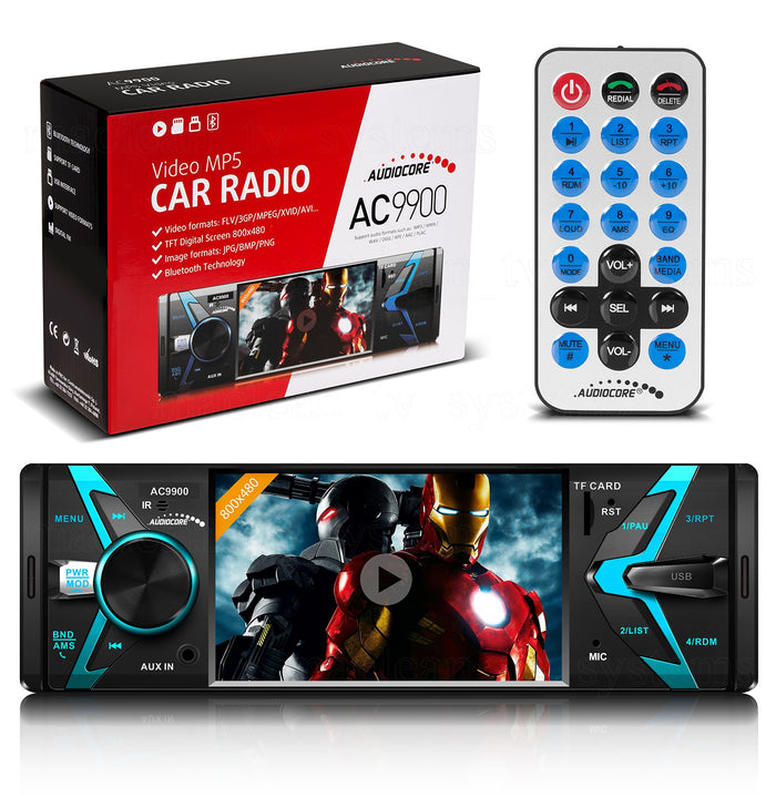 AUDIOCORE AC9900 Bluetooth Car Stereo Multimedia 1-Din + Remote FM Radio MP3 AUX USB TF Card