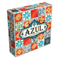 The board game box for 'Azul' by Michael Rezendin, featuring a vibrant, hand-painted tile pattern in shades of orange, red, teal, and blue. The title 'AZUL' is displayed in a decorative blue and gold banner on the front.