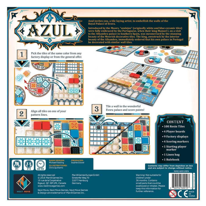 Back packaging of the board game Azul, showing product details, instructions, and contents on a cream and dark blue background.