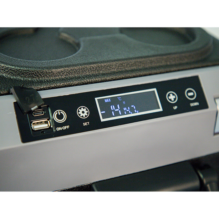 Blow Compressor-Powered Car Cooler, 35L capacity, touchscreen control panel, 12V, 24V, and 230V, USB-C port, 44-208#