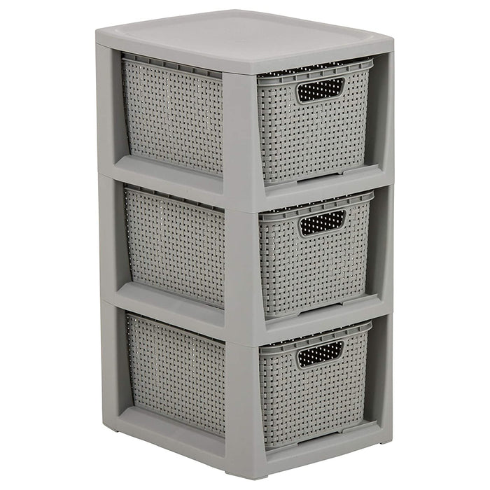 BranQ Rattan Rack with 3 Baskets Drawers with a Capacity of 7 Liters Storage Color Gray