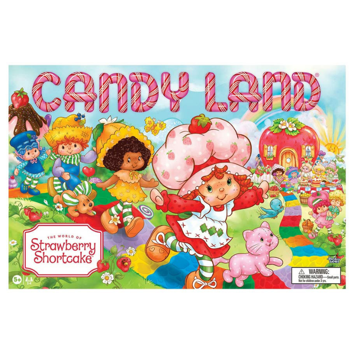 Candy Land board game packaging featuring Strawberry Shortcake characters on a colorful background.
