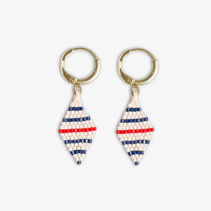 Carmen Mini Gold Hoop Single Horizontal Stripes Beaded Drop Earrings Navy