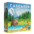 Cascadia Junior board game box featuring a colorful illustrated forest scene with a bear, fox, fish, trees, and mountains. The box shows the title 'CASCADIA Junior' prominently and includes age and player icons on the front and side.