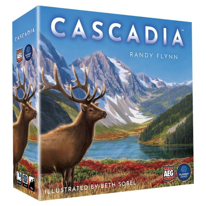 Board game box titled 'Cascadia' with elk and mountain landscape design.