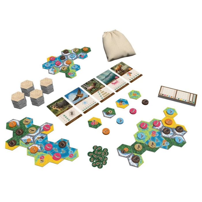 Board game components including hexagonal tiles, cards, and a bag on a white background