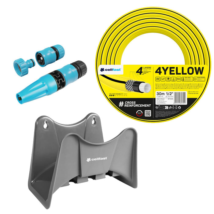 Cellfast 4YELLOW 1/2" 30m Garden Hose + Cellfast Gray Hose Hanger + Cellfast Basic 1/2" Straight Sprinkler Set