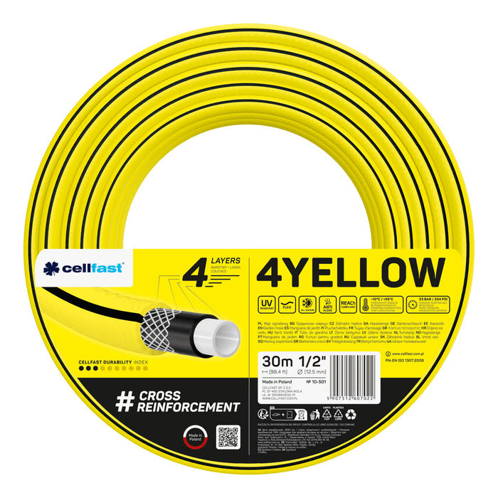 Cellfast 4YELLOW 1/2" 30m Garden Hose + Cellfast Gray Hose Hanger + Cellfast Basic 1/2" Straight Sprinkler Set