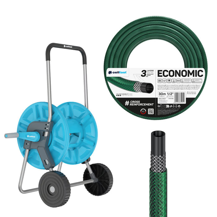 Cellfast Aluplus 1/2" 60m Hose Cart + Cellfast Economic 1/2" 30m Garden Hose