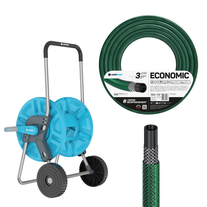 Cellfast Aluplus 1/2" 60m Hose Cart + Cellfast Economic 1/2" 50m Garden Hose