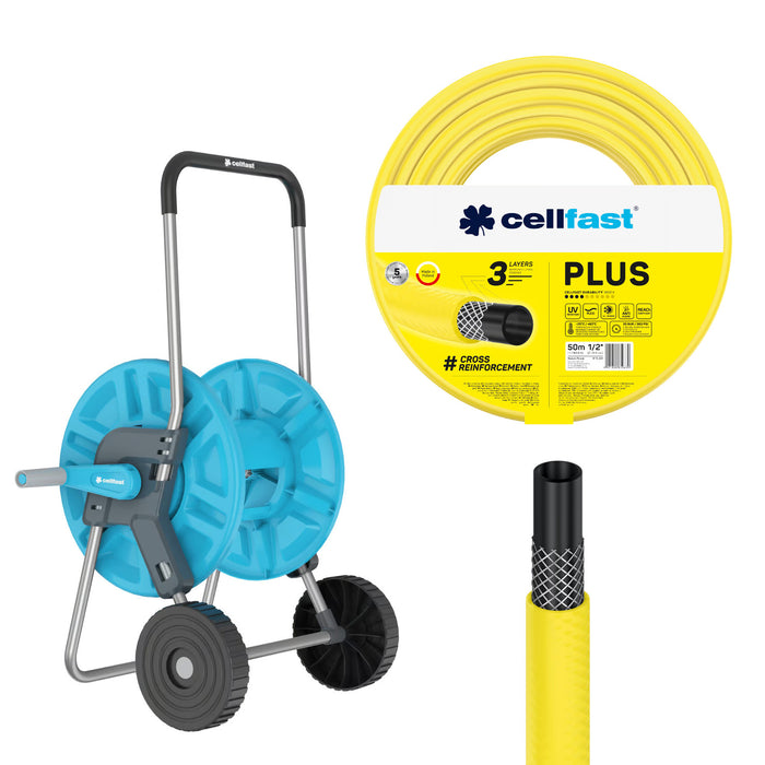 Cellfast Aluplus 1/2" 60m Hose Cart + Cellfast Plus 1/2" 50m Garden Hose