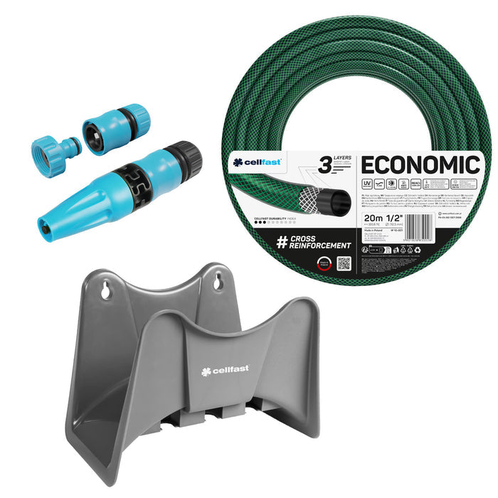 Cellfast Economic 1/2" 20m Garden Hose + Cellfast Gray Hose Hanger + Cellfast Basic 1/2" Straight Sprinkler Set