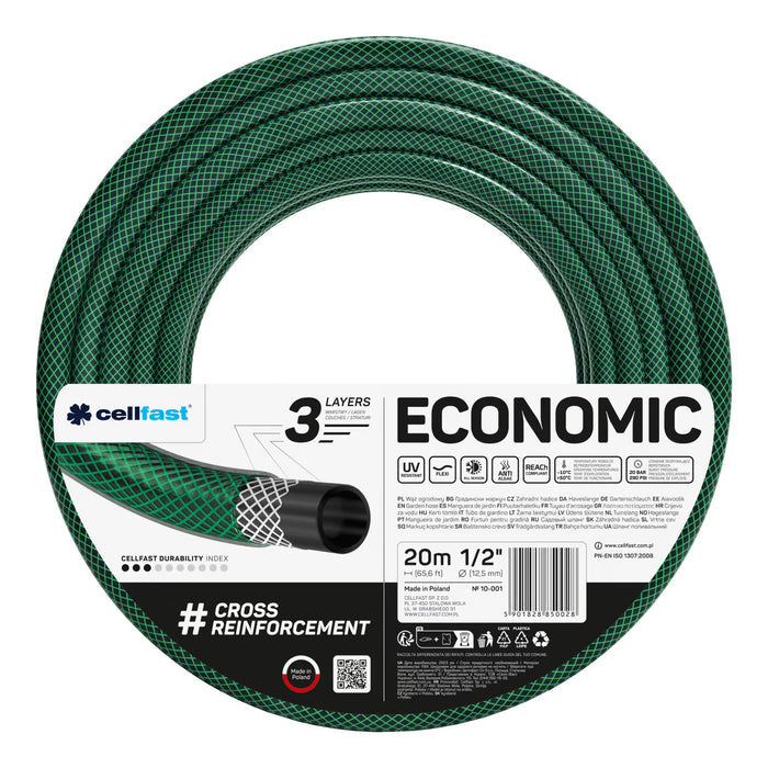 Cellfast Economic 1/2" 20m Garden Hose + Cellfast Gray Hose Hanger + Cellfast Basic 1/2" Straight Sprinkler Set
