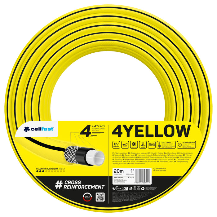 Cellfast garden hose, 4-layer, UV-resistant, 1" diameter, 20 m long, 4YELLOW