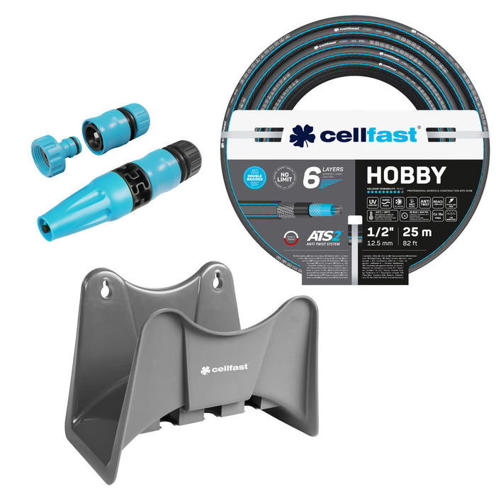 Cellfast Hobby ATS2 1/2" 25m Garden Hose + Cellfast Gray Hose Hanger + Cellfast Basic 1/2" Straight Sprinkler Set