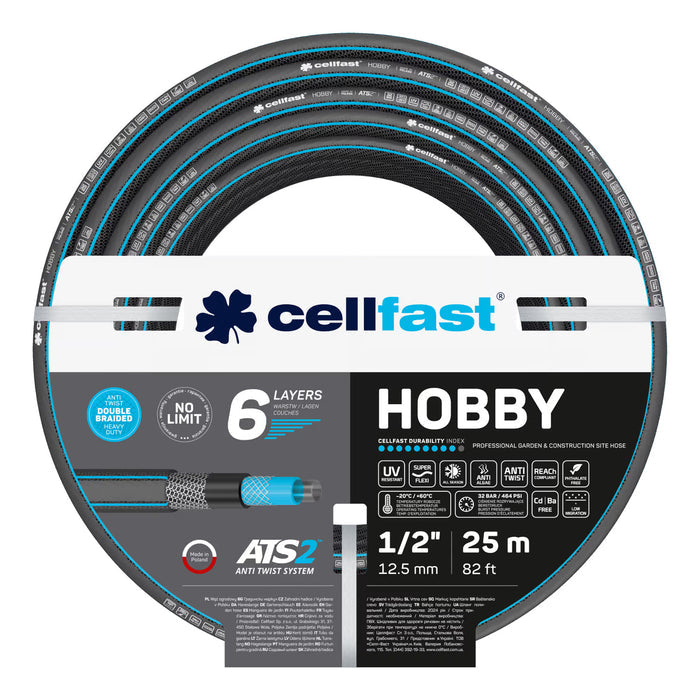Cellfast Hobby ATS2 1/2" 25m Garden Hose + Cellfast Gray Hose Hanger + Cellfast Basic 1/2" Straight Sprinkler Set