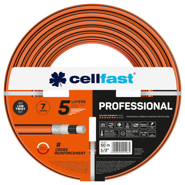 Cellfast Professional Garden Hose, 1/2-inch diameter, 50-meter length, 5-layer construction
