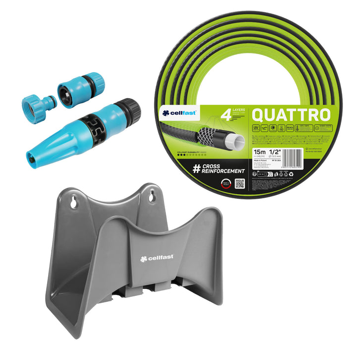 Cellfast Quattro 1/2" 15m Garden Hose + Cellfast Gray Hose Hanger + Cellfast Basic 1/2" Straight Sprinkler Set