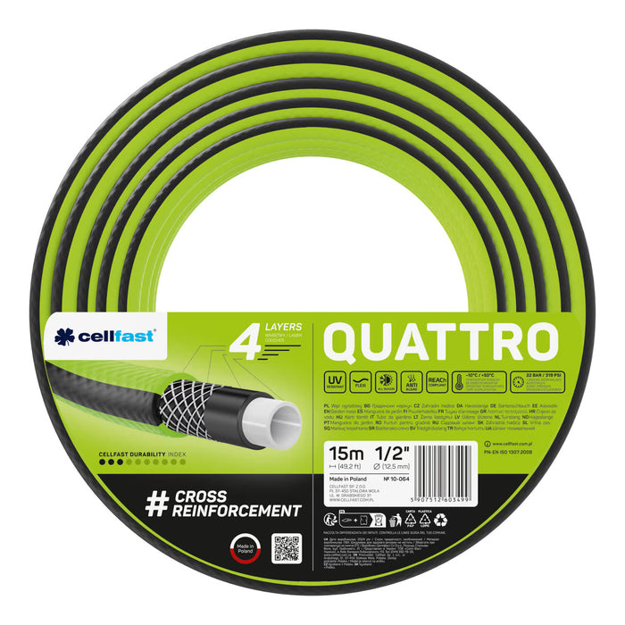 Cellfast Quattro 1/2" 15m Garden Hose + Cellfast Gray Hose Hanger + Cellfast Basic 1/2" Straight Sprinkler Set
