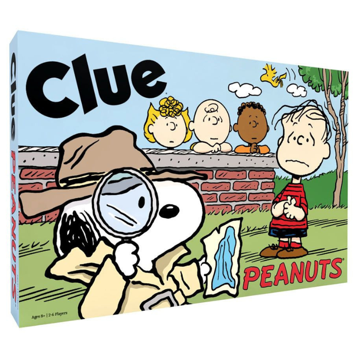 Clue game box featuring Snoopy and Peanuts characters in a cartoon setting