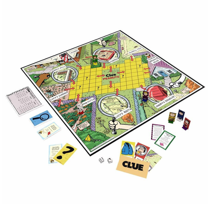 Clue board game with cards and pieces on a white background