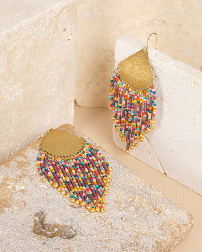 Confetti Fringe Earrings in Purple & Rust