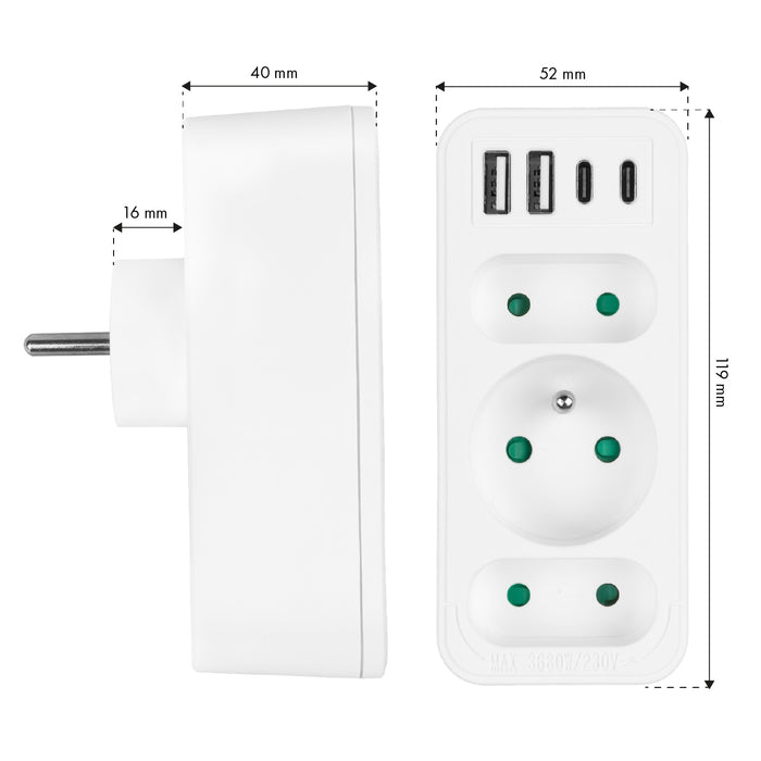 Current socket x3 + 4xUSB Maclean, splitter with 3 sockets, 2xUSB A, 2xUSB C PD 20W, 1x16A + 2x6A, MCE248 F/W