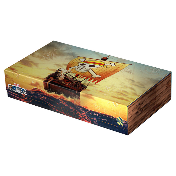 Product packaging with a cartoon character on a boat against a sunset sky, featuring the One Piece branding.