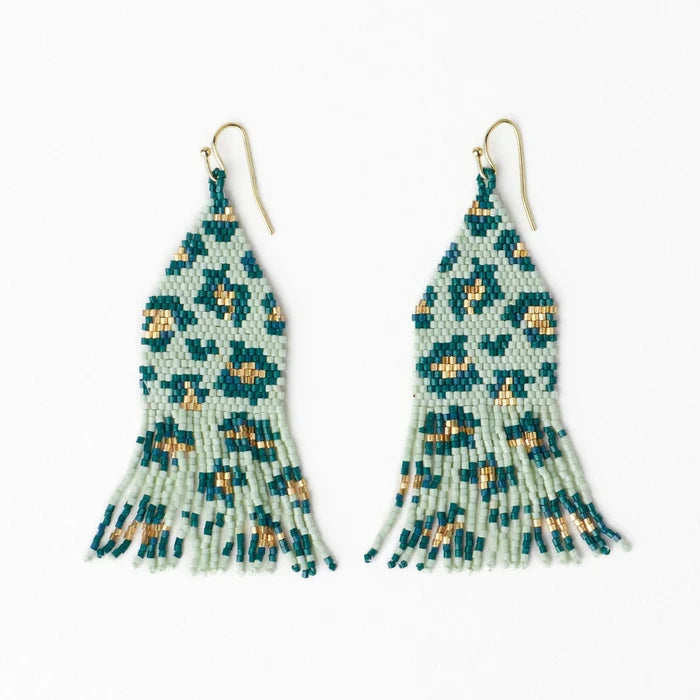 Delilah Cheetah Beaded Fringe Earrings in Green & Gold