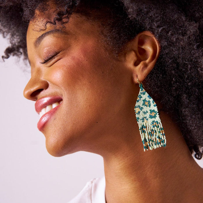 Delilah Cheetah Beaded Fringe Earrings in Green & Gold