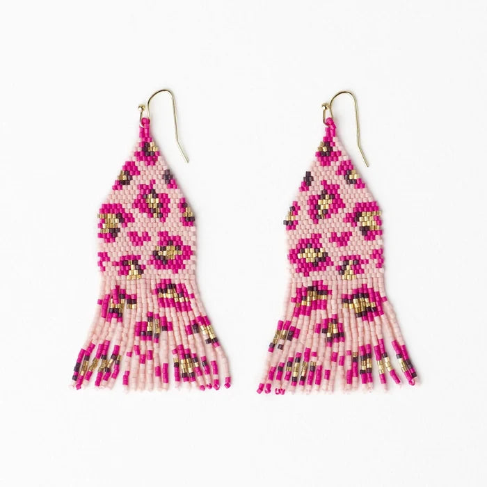 Delilah Cheetah Beaded Fringe Earrings in Pink & Gold
