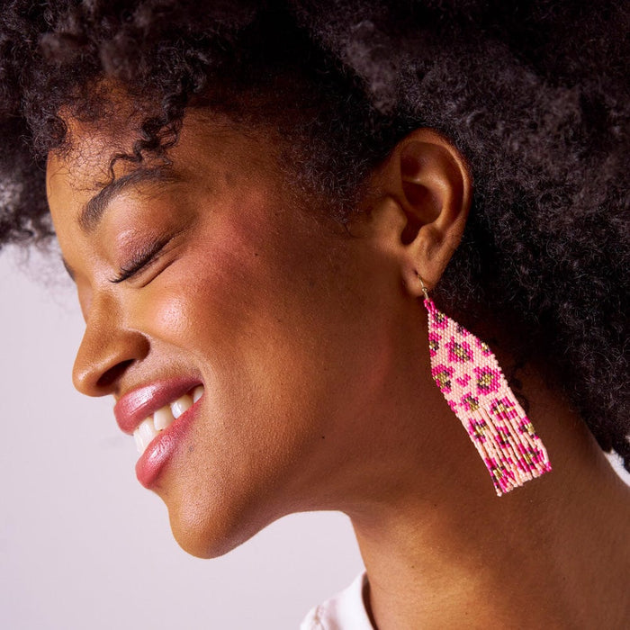 Delilah Cheetah Beaded Fringe Earrings in Pink & Gold