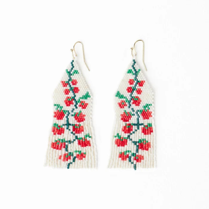 Delilah Tomato Beaded Fringe Earrings in Ivory, Red Green