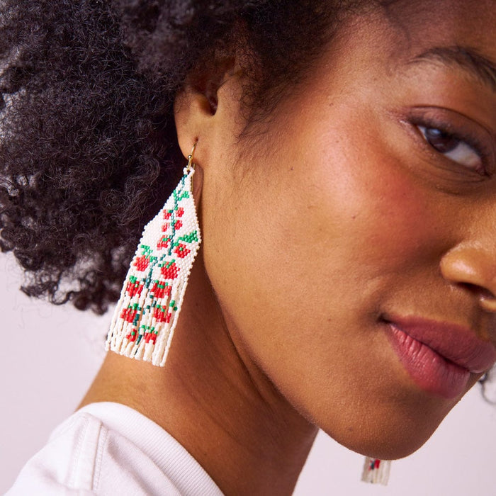 Delilah Tomato Beaded Fringe Earrings in Ivory, Red Green