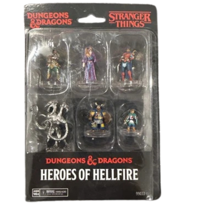 Dungeons & Dragons Heroes of Hellfire set in blister card packaging, featuring six painted fantasy miniatures and a silver dragon model on a black backing card with red and white text.