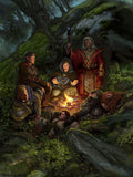 Fantasy artwork depicting a group of adventurers gathered around a campfire in a mossy forest, with a robed wizard holding a staff and others resting near the flames.