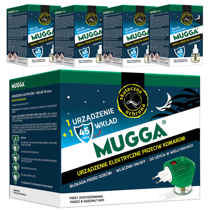 Electric device with Mugga 45 nights 35ml mosquito refill + 4x Mugga 45 nights 35ml mosquito fluid refill