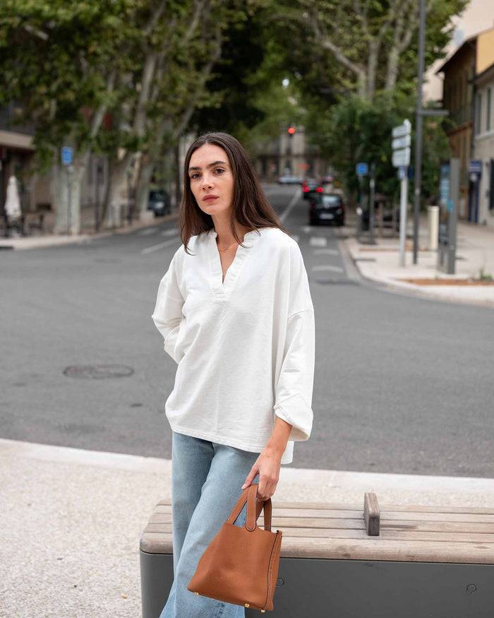 Frenchie Amelia Cuff Sweatshirt in White