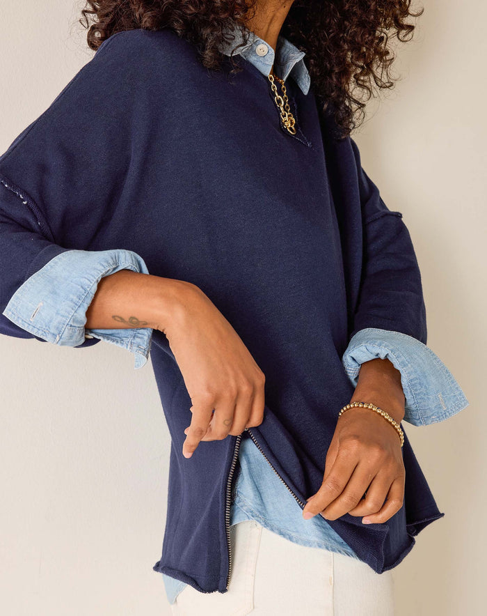 Frenchie Side Zip Crewneck in Cadet Blue