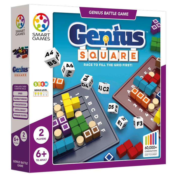 Genius Square Genius Battle Game box by Smart Games, featuring a colorful board game design with white dice, grid boards, and purple and blue packaging.