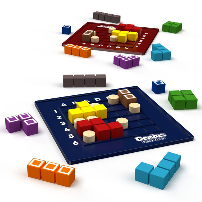 Colorful geometric building blocks on a white background
