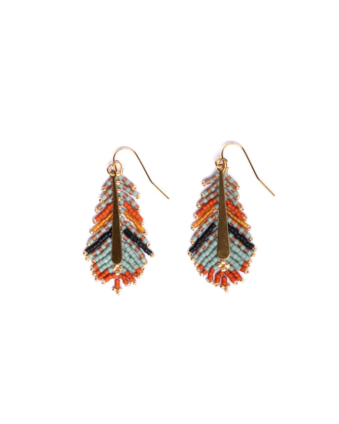 Gilded Feather Earrings in Rust & Aqua
