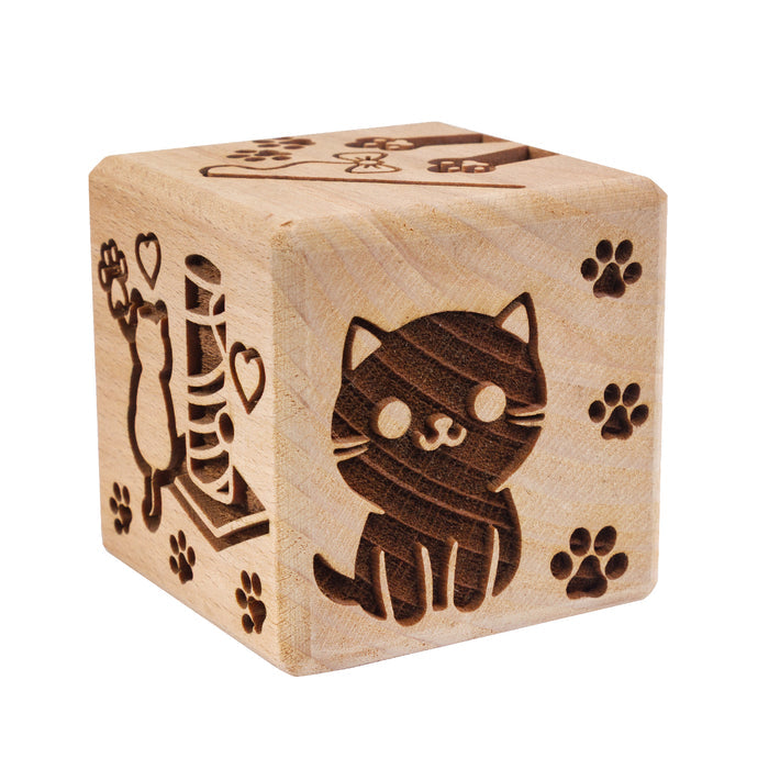 Goody Woody engraved cake cube, 6 cm, beech wood, 6 designs, cats