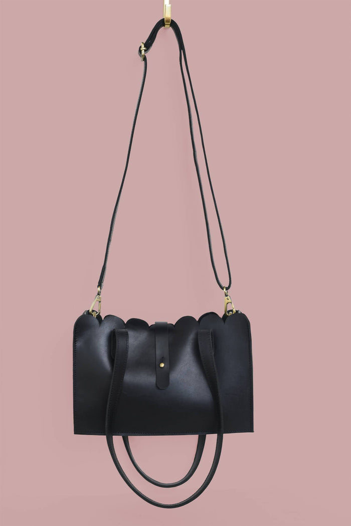 GR Scalloped Convertible Midsized Handbag in Black