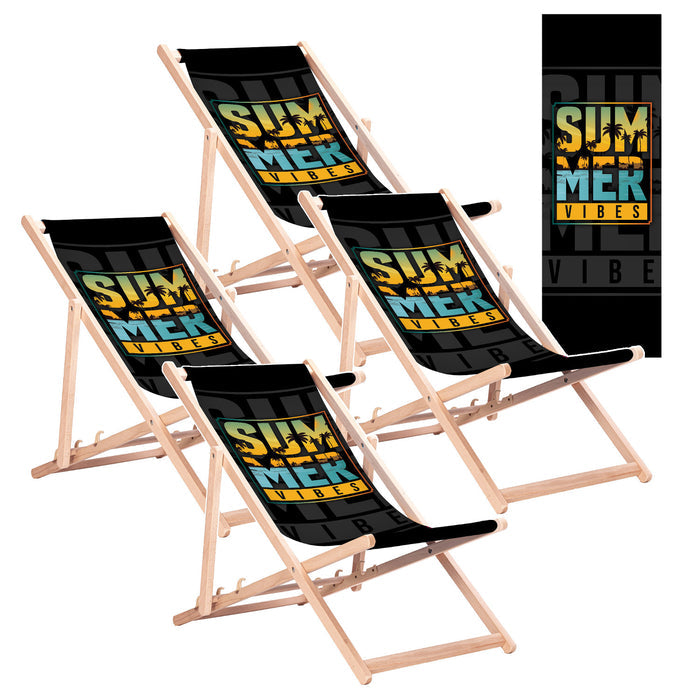 GreenBlue GB183 Classic Beech Wood Deck Chair with "Summer Vibes" Print, 4 pieces