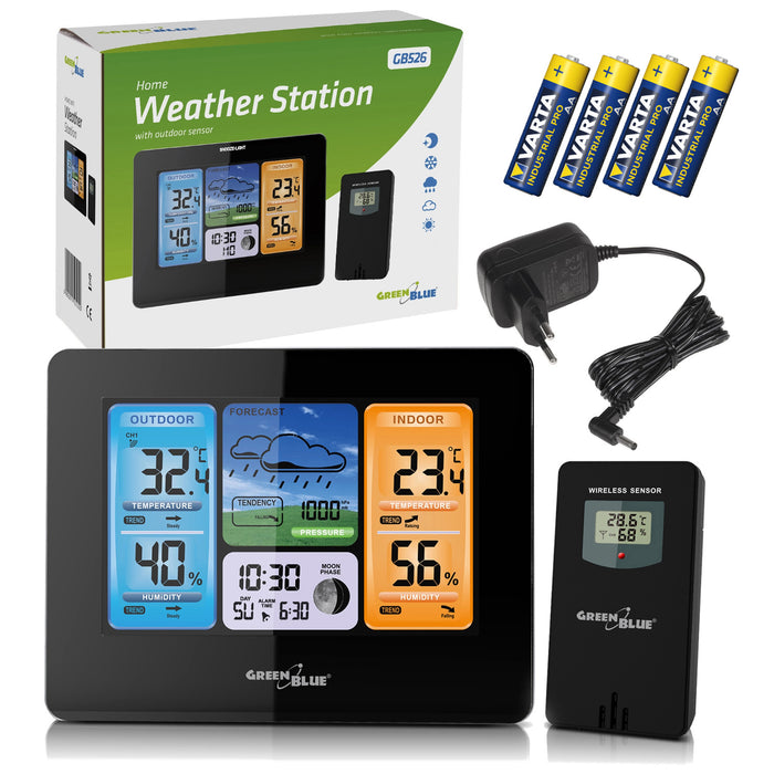 GreenBlue wireless weather station, color, with DCF system, moon phases, power adapter, batteries, GB526
