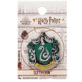 A Slytherin enamel pin by Wizarding World Harry Potter, displayed on its original printed backing card. The pin features the iconic green and silver Slytherin crest with a yellow banner at the bottom.